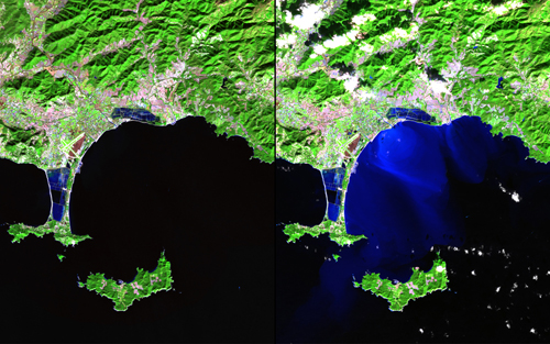 In mid-January 2014, unusually heavy rain in southeast France led to flooding, landslides and: evacuations. Up to 20 centimeters (8 inches) of rain fell over three days, far exceeding the typical monthly totals. These images show the area around Hyères, along with the Giens Peninsula and nearby islands. The bright blue colors in the right-hand image show the flow of sediment-rich floodwaters into the Mediterranean Sea. Images taken by the Operational Land Imager onboard Landsat 8. Source: U.S. Geological Survey (USGS) Landsat Missions Gallery"Effects of Flooding: Hyères, France," U.S. Department of the Interior / USGS and NASA.