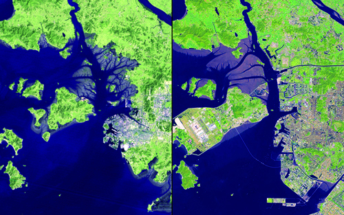 The shoreline area of Incheon, South Korea, has changed dramatically over the past 32 years.: Marsh areas have been turned into usable land and urban development has expanded. Islands have been connected to accommodate Incheon International Airport, which opened in 2001 and is now one of the largest and busiest in the world. The new Incheon Bridge (also called the Incheon Grand Bridge), which opened in October 2009, is visible in the 2013 image. Images taken by the Multispectral Scanner onboard Landsat 2 and the Operational Land Imager onboard Landsat 8. Source: U.S. Geological Survey (USGS) Landsat Missions Gallery "32 Years of Change: Incheon, South Korea," U.S. Department of the Interior / USGS and NASA.